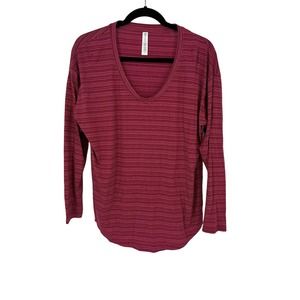 Athleta shirt size large pink maroon striped long sleeve v-neck modal